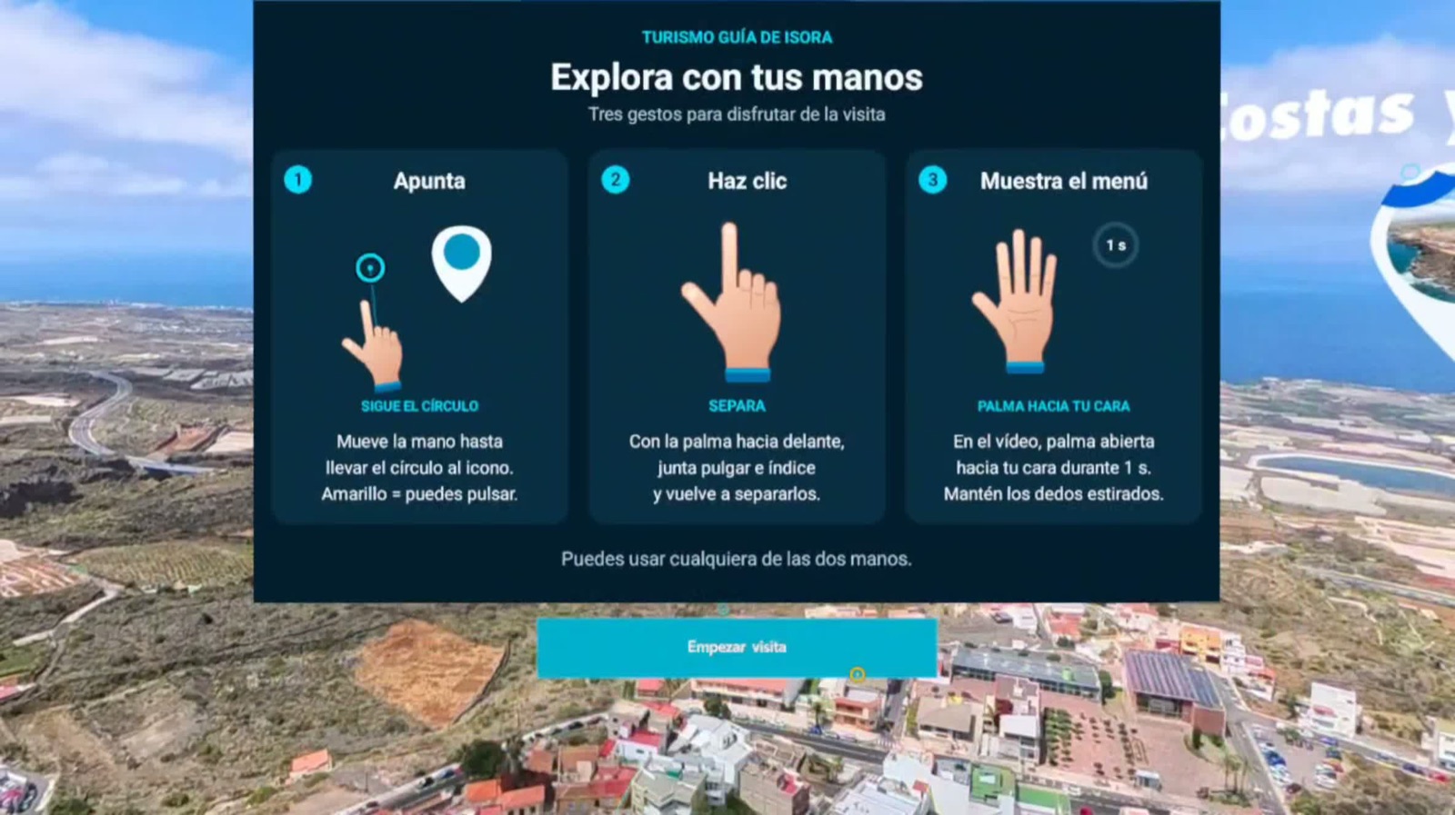 Instrucciones de Turismo Guía de Isora para seleccionar experiencias con gestos de las manos en Meta Quest