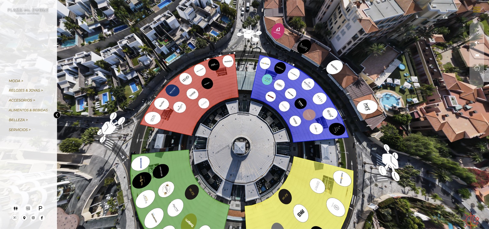 Directorio visual de Plaza del Duque: vista aérea del centro comercial con las tiendas agrupadas por zonas de colores y un menú de categorías